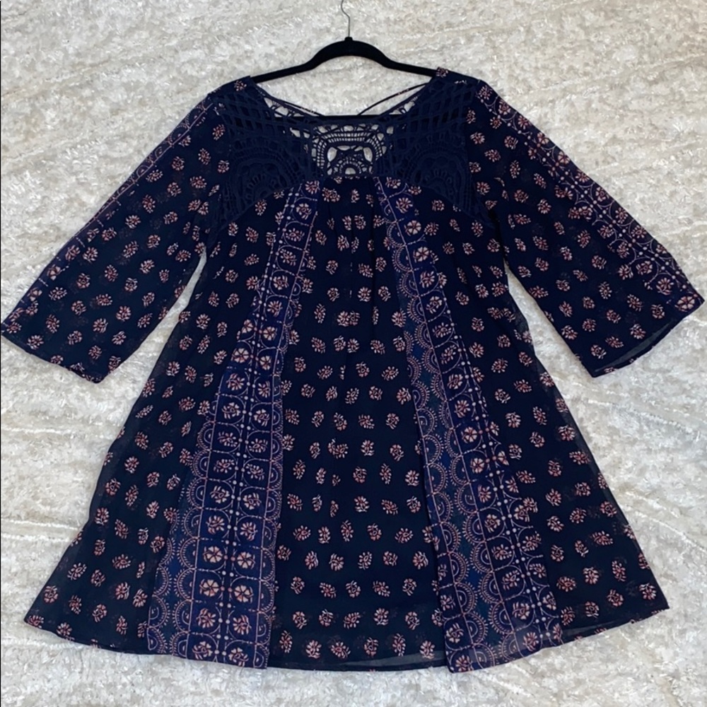 Japan Boho Navy Crochet Top Flowy Dress